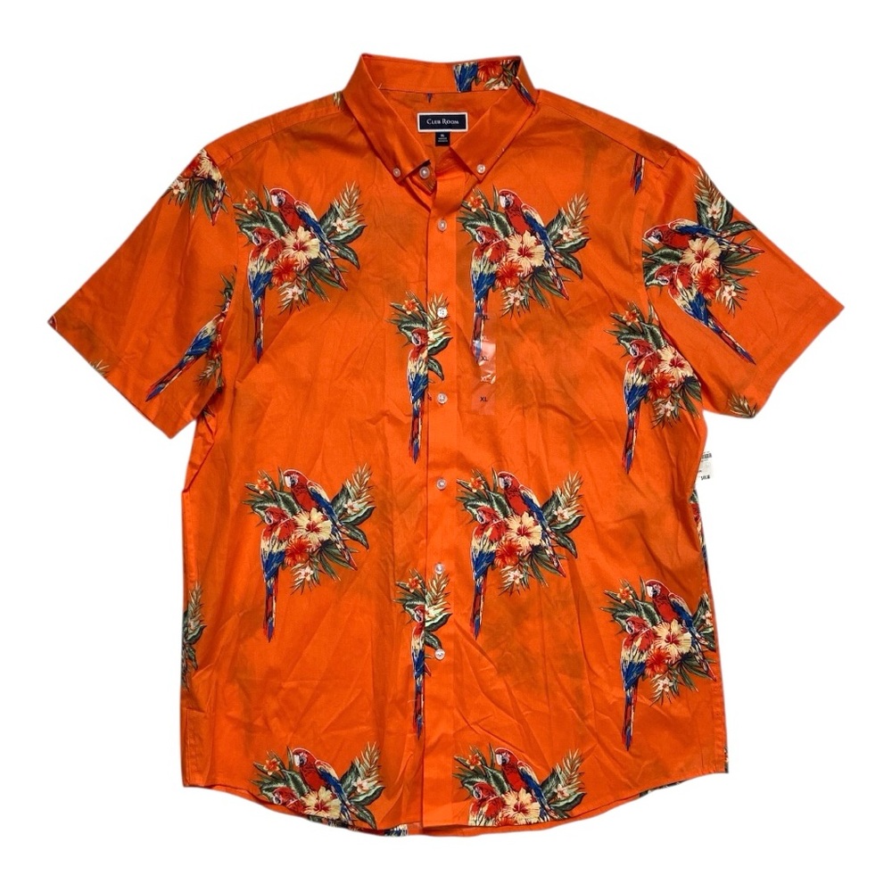 Club Room Orange Tropical Print Short Sleeve Button Shirt Size XL